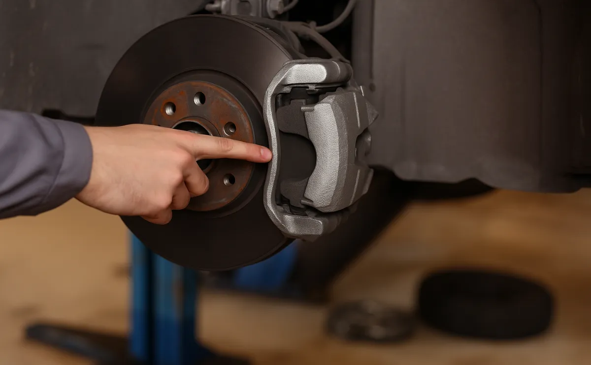 Mecánico inspecciona pastillas de freno originales instaladas en disco ventilado para garantizar seguridad del frenado